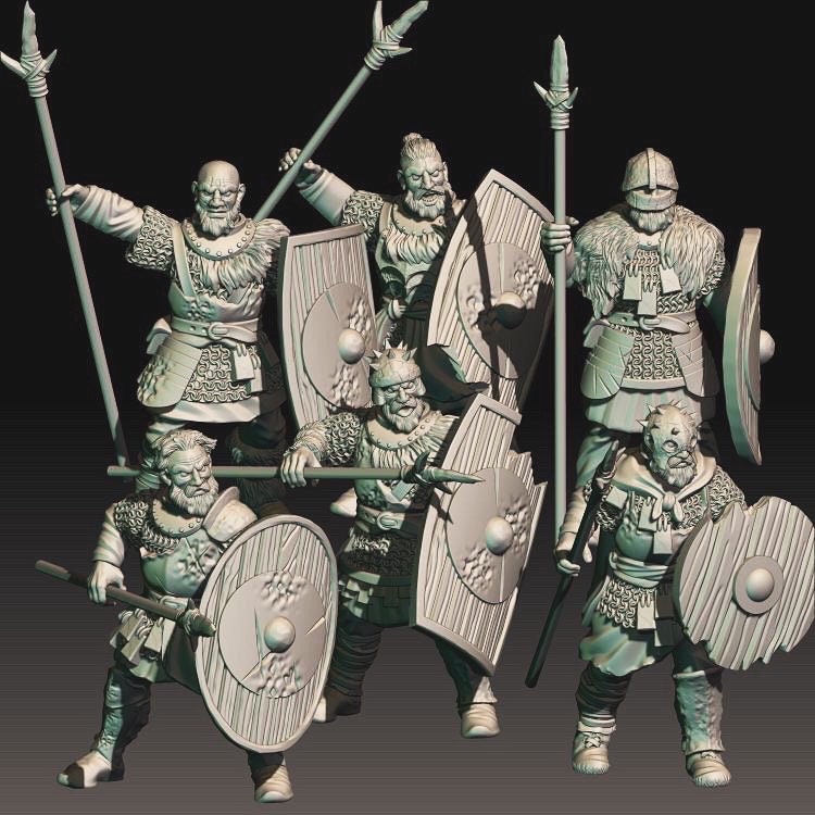 3d digital render of dark fantasy raider miniatures armed with stone spears