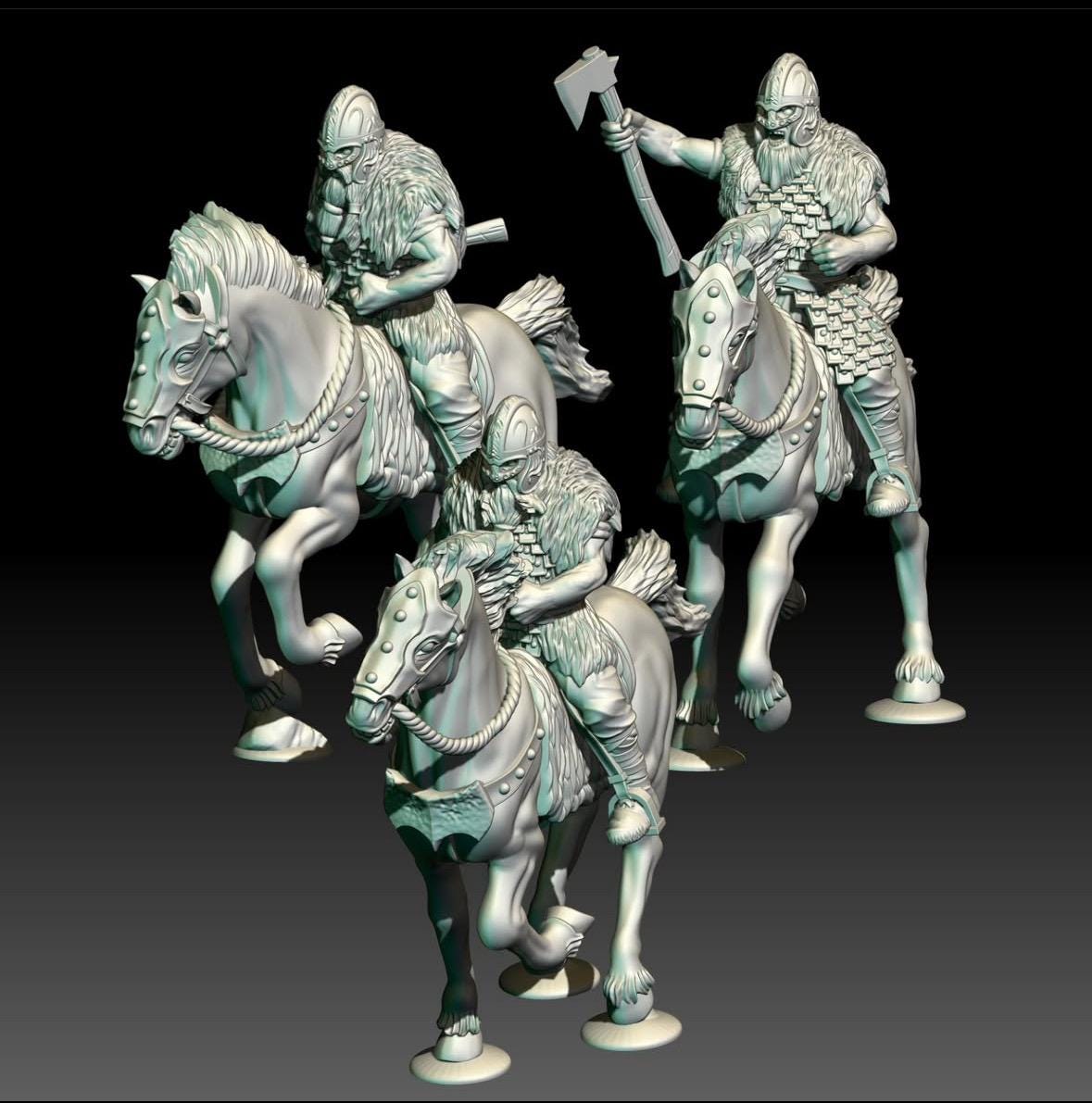 Digital render of 3D printed dark fantasy viking horsemen