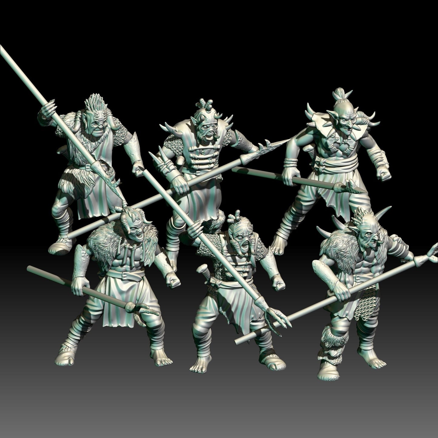 digital render of dark fantasy orc warrior miniatures armed with spears