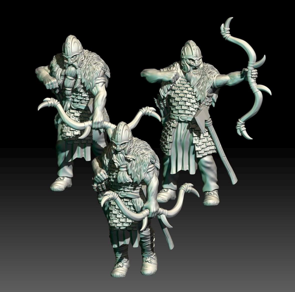 Digital render of 3 dark fantasy viking miniatures with bows