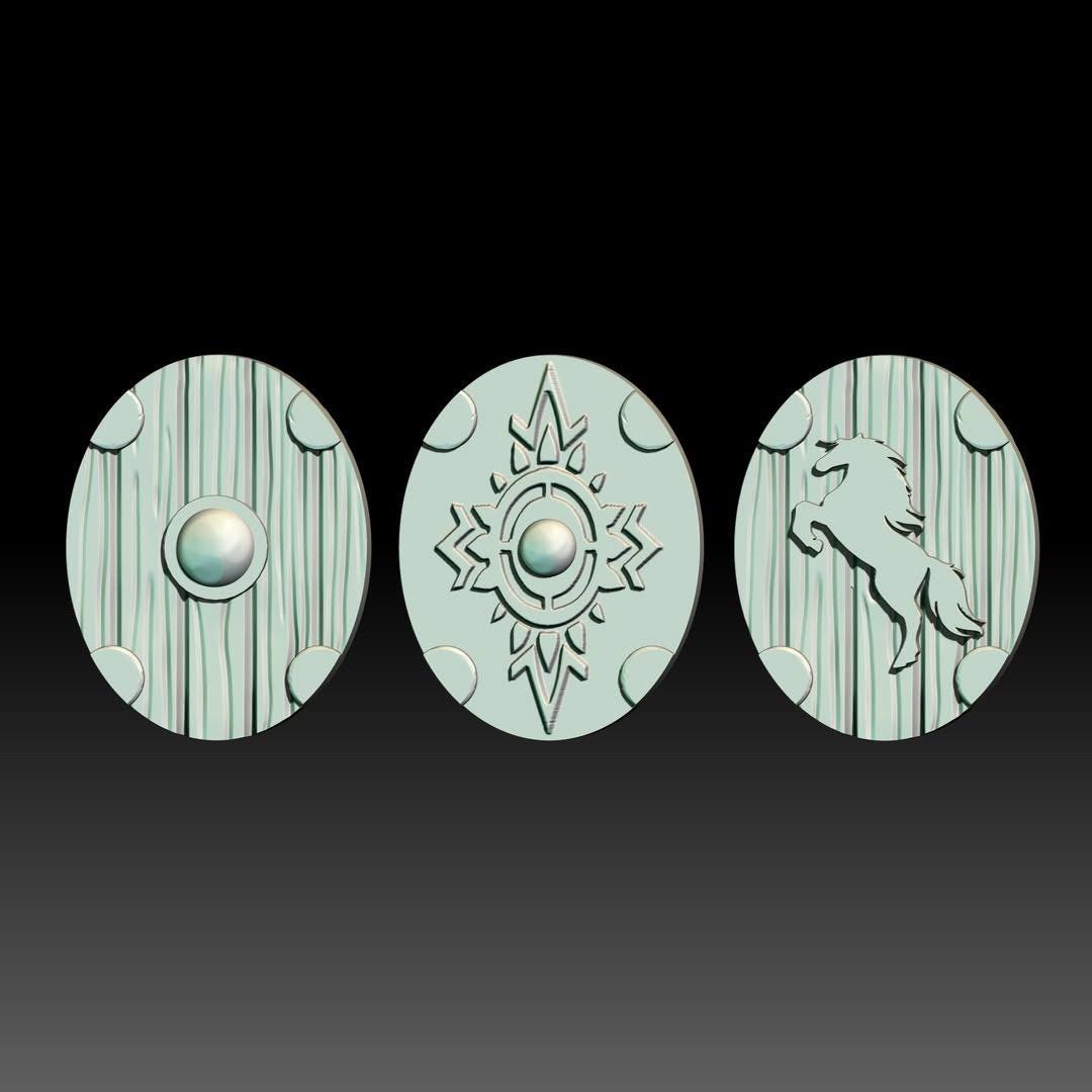 digital render of dark fantasy saxon miniature shields, features horses and crowns
