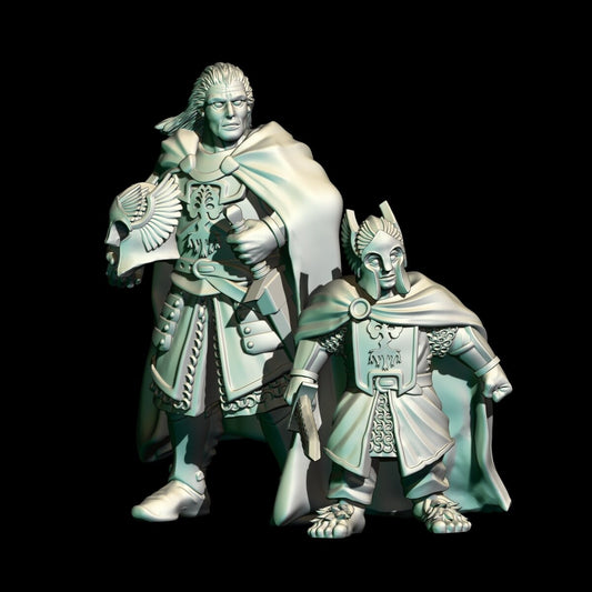 digital render of a dark fantasy human hero and halfling hero