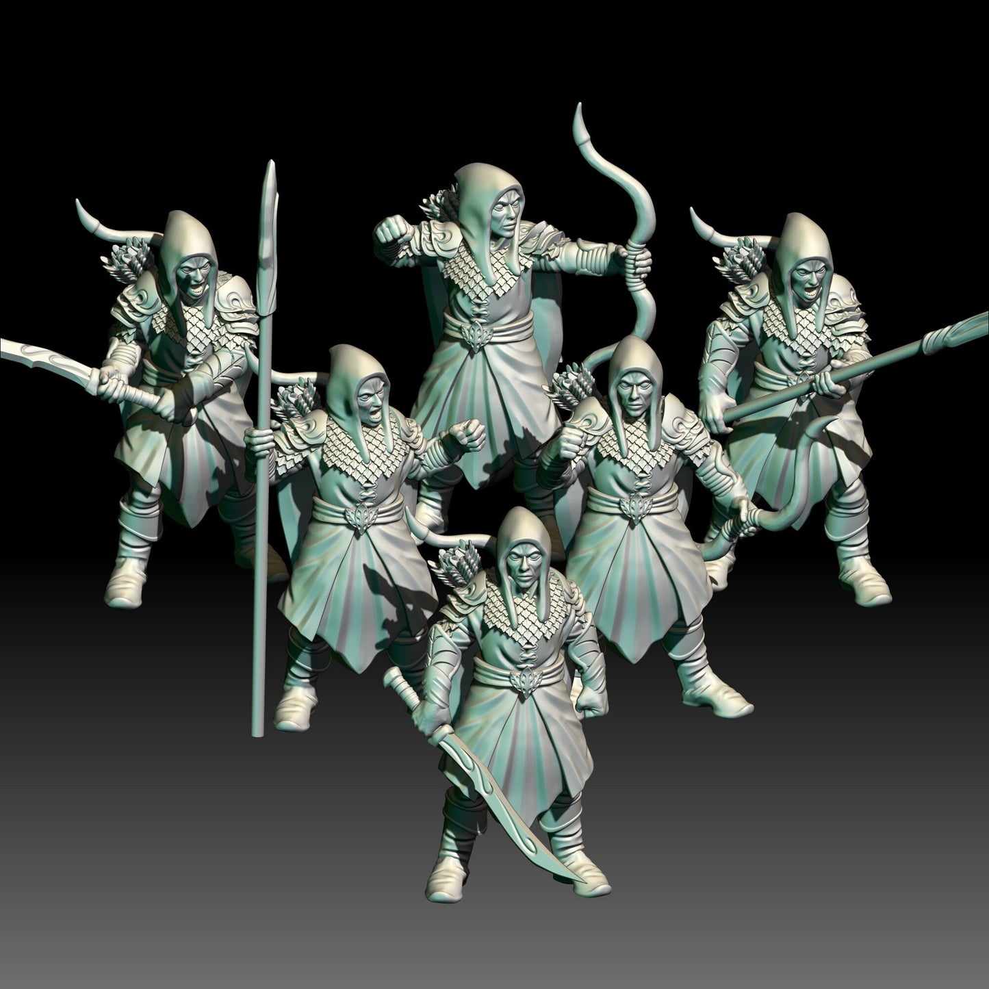 Digital render of dark fantasy wood elf ranger miniatures