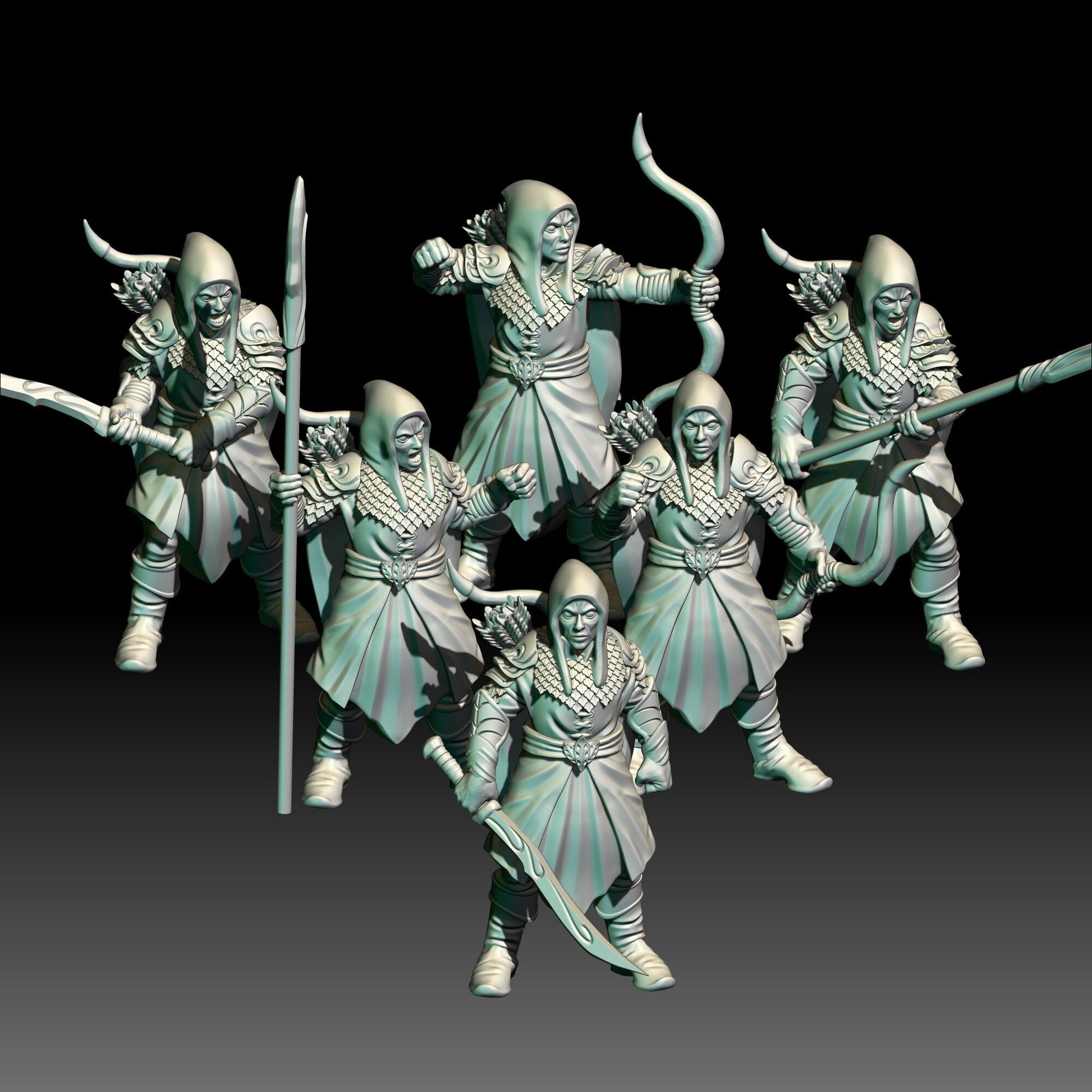 Digital render of dark fantasy wood elf ranger miniatures