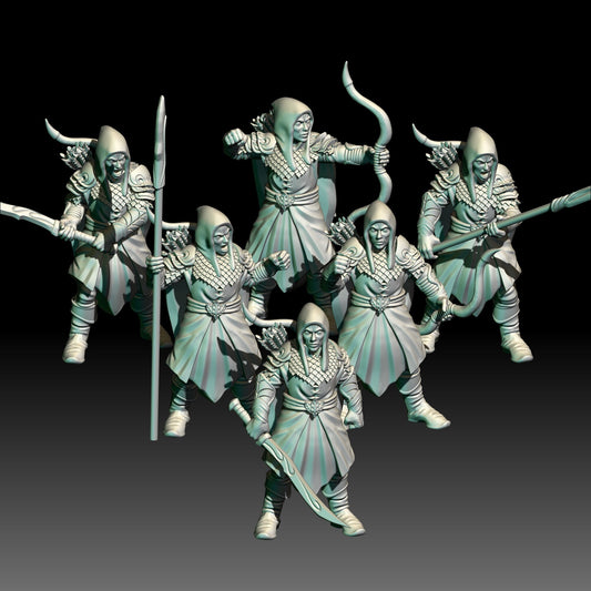 Digital render of dark fantasy wood elf ranger miniatures