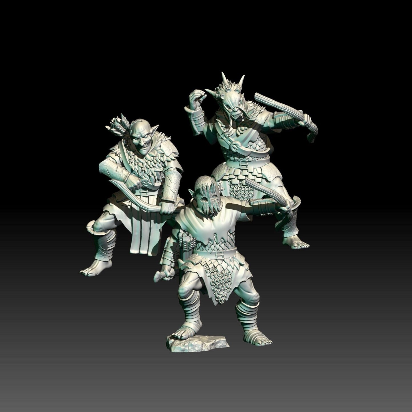 digital render of dark fantasy orc warrior miniatures with bows