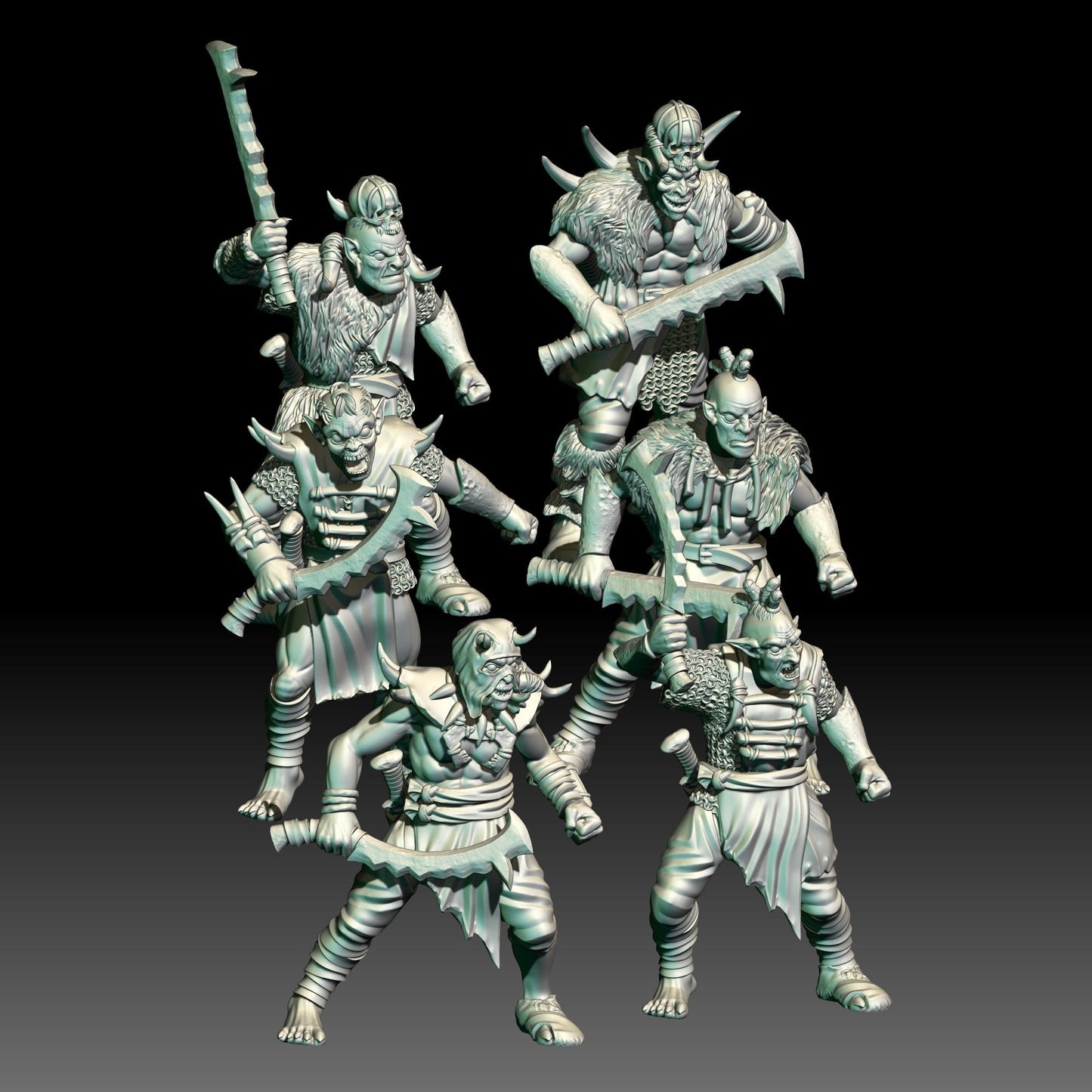 digital render of dark fantasy savage orc warrior miniatures with swords