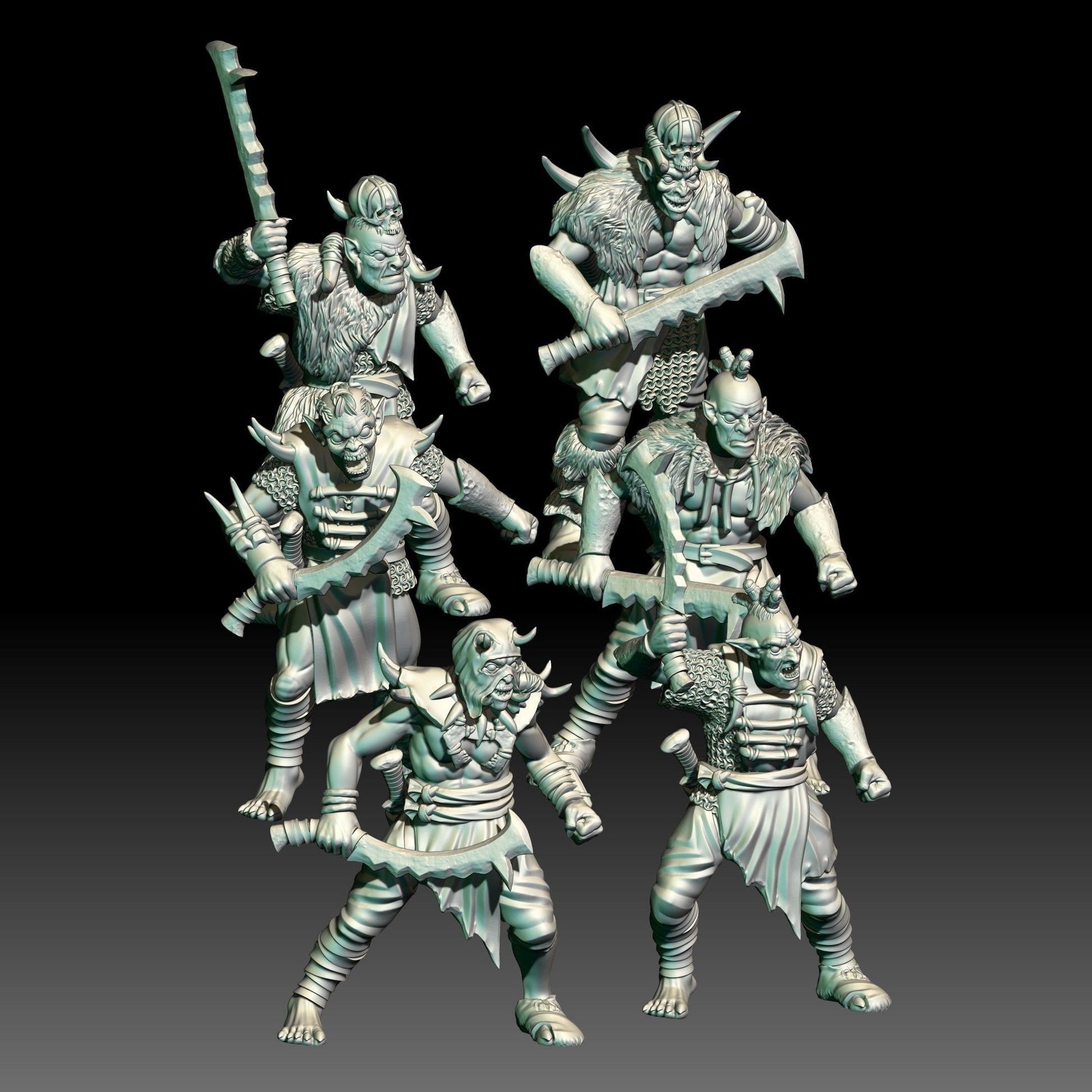 digital render of dark fantasy savage orc warrior miniatures with swords