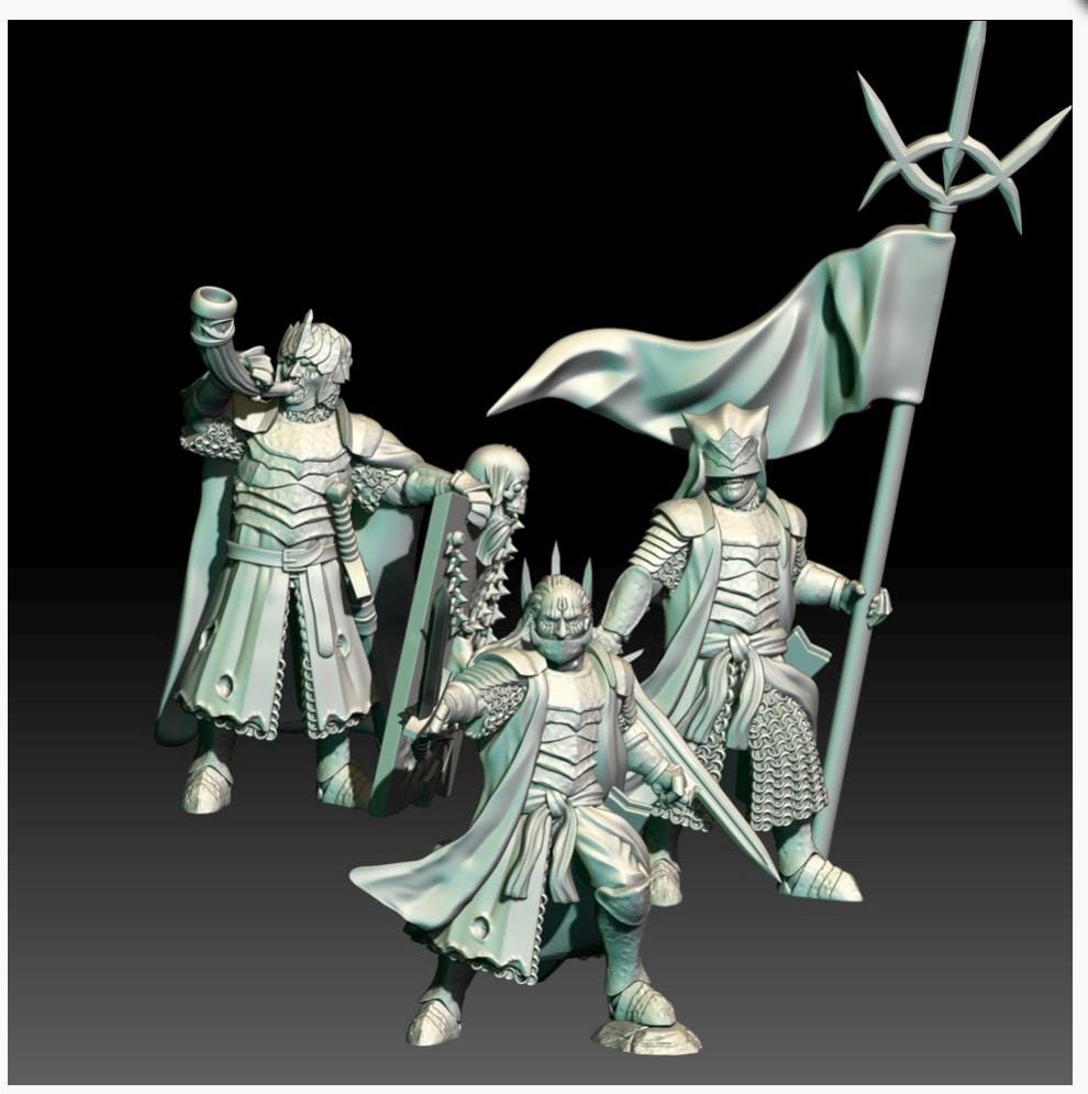 digital render of dark fantasy cursed men character miniatures, castellan, banner and hornblower