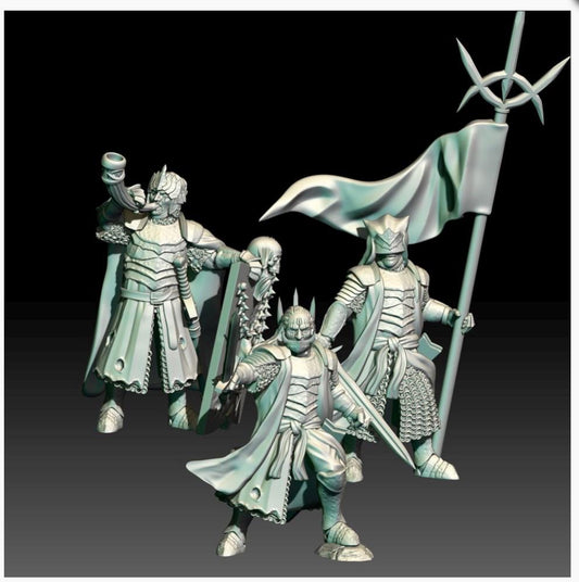 digital render of dark fantasy cursed men character miniatures, castellan, banner and hornblower