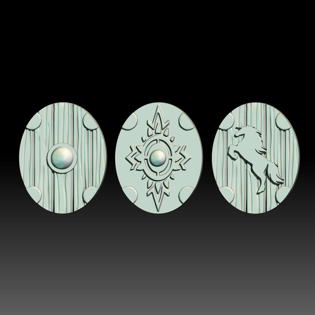 digital render of dark fantasy saxon miniature shields, featuring horses and crowns