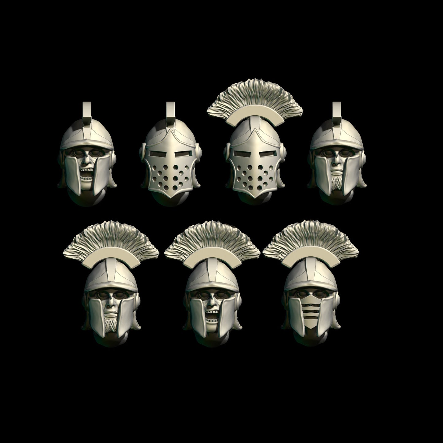 Set of heavy fantasy helmets, 3d printed miniature bits on a black background