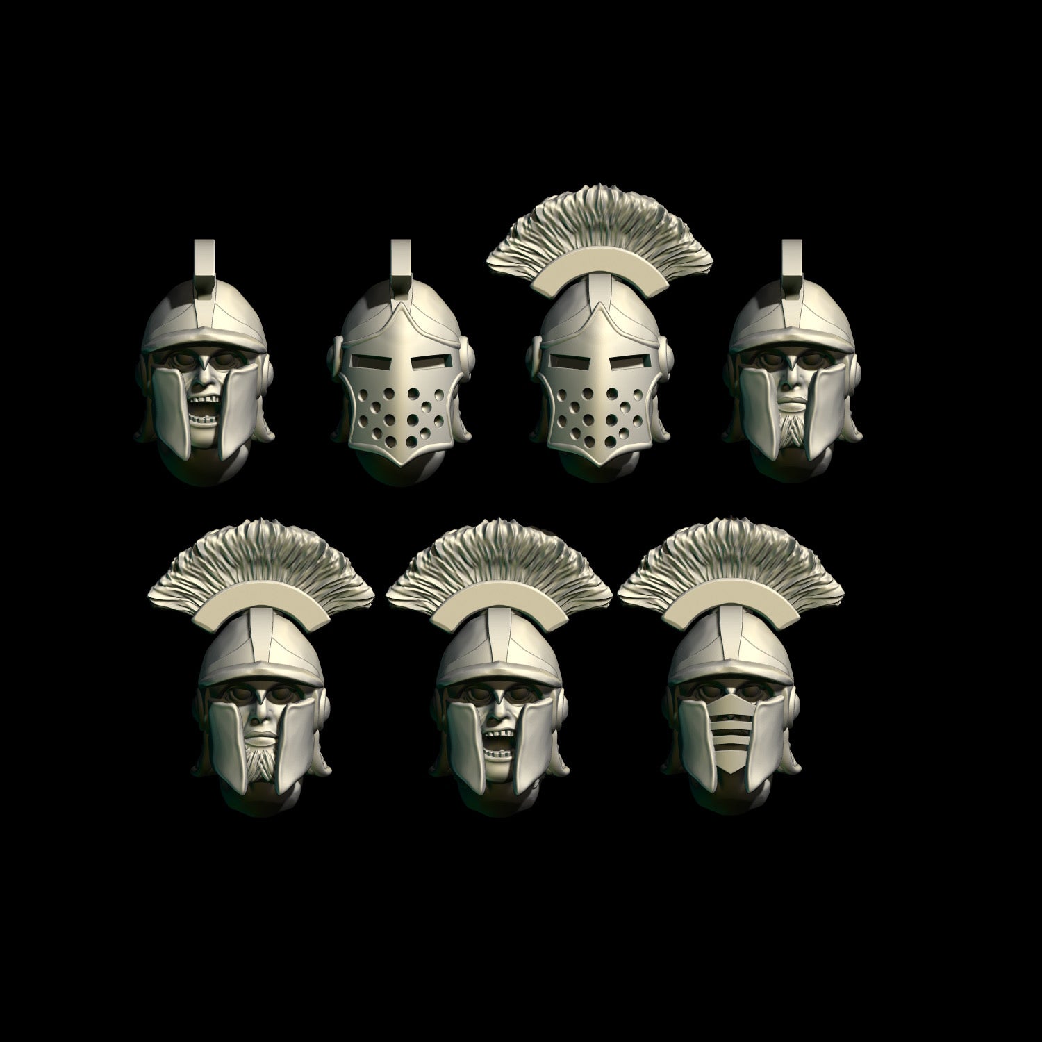 Set of heavy fantasy helmets, 3d printed miniature bits on a black background