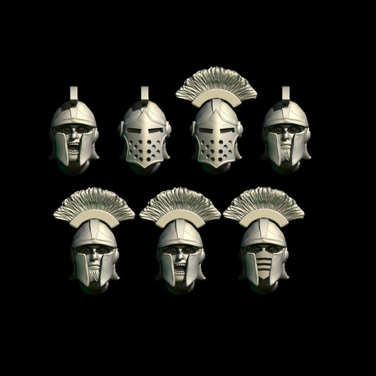 Set of heavy fantasy helmets, 3d printed miniature bits on a black background
