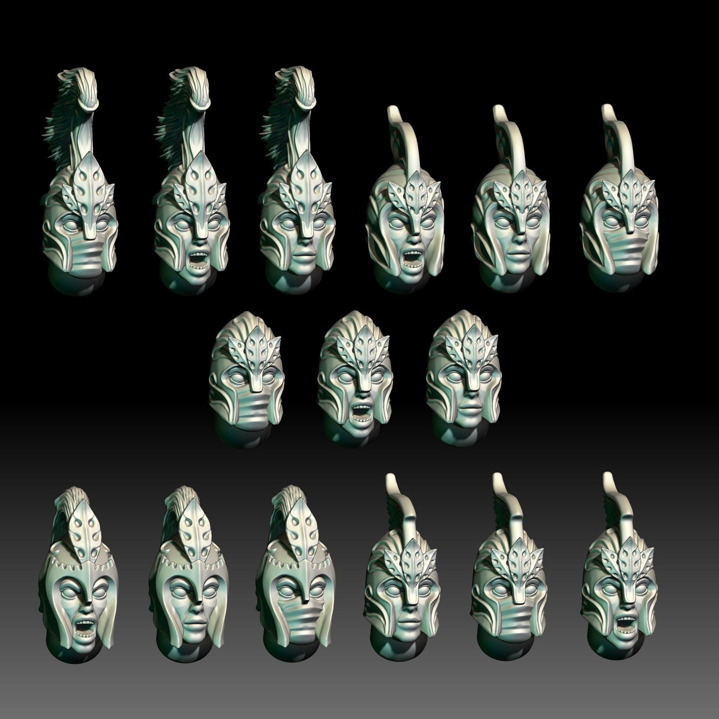 3D digital render of dark fantasy elven miniature heads for tabletop gaming