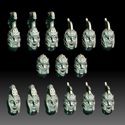 3D digital render of dark fantasy elven miniature heads for tabletop gaming