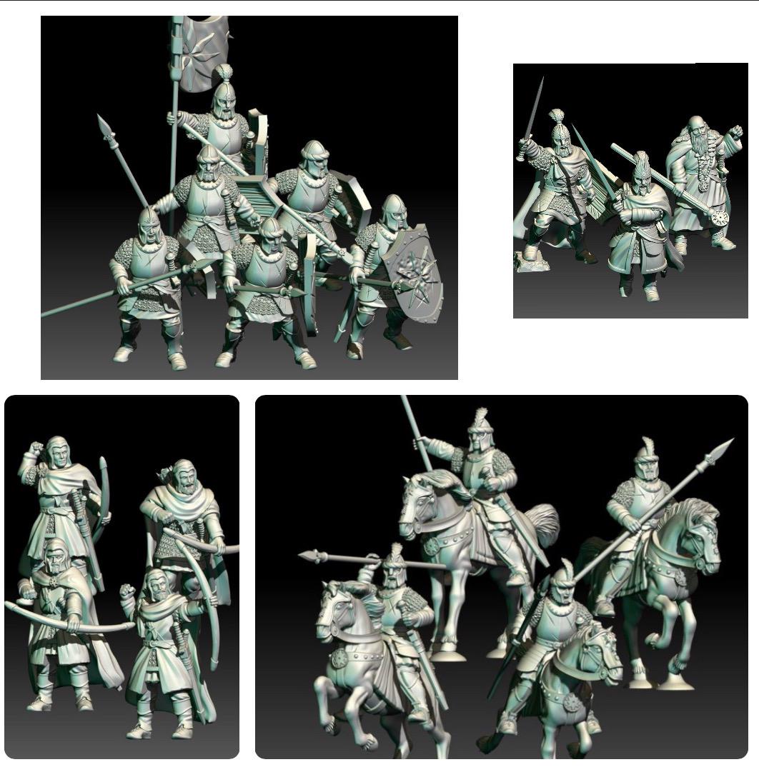 Group image of 3D render of 3D printable dark fantasy Men of the North Units