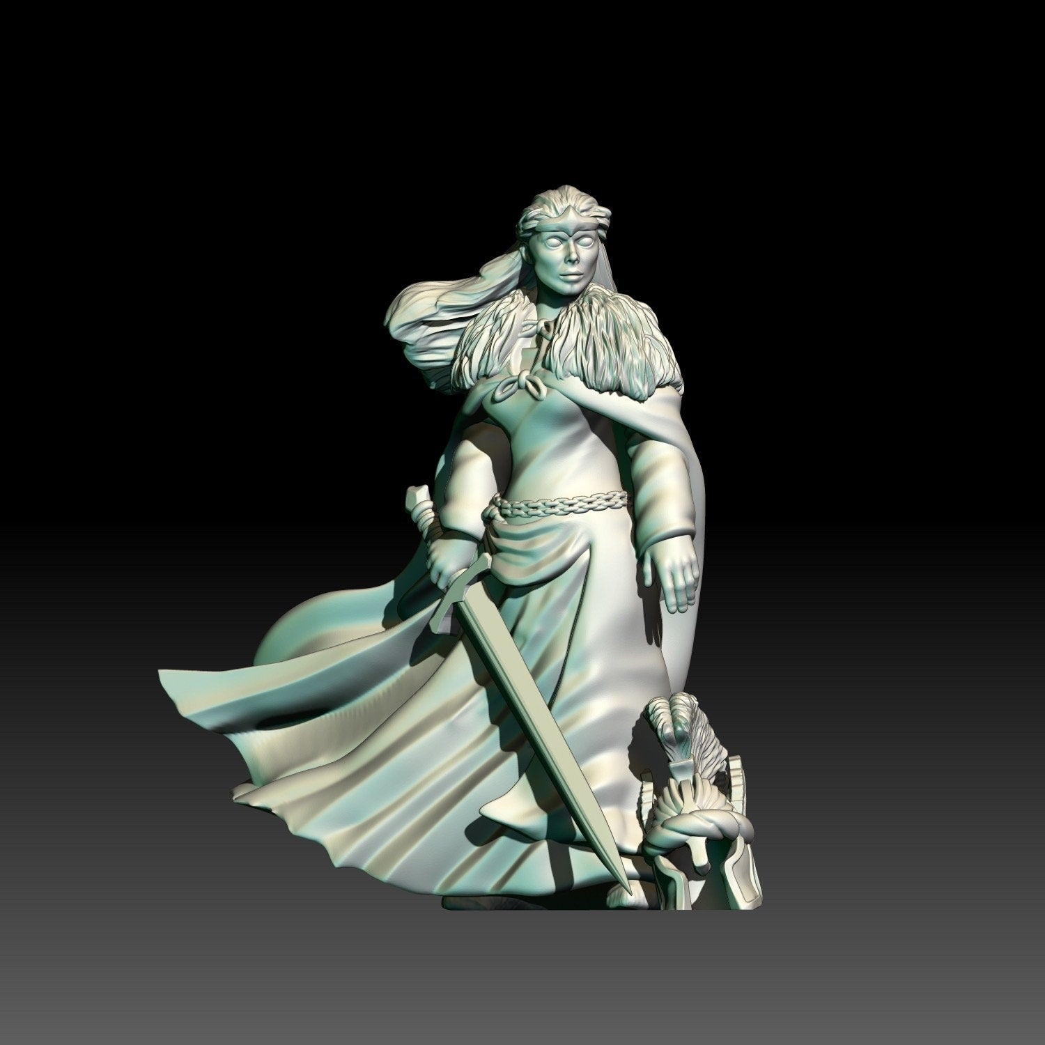 digital render of dark fantasy princess miniature with a sword.
