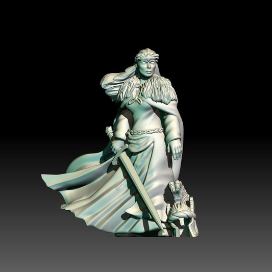 digital render of dark fantasy princess miniature with a sword.