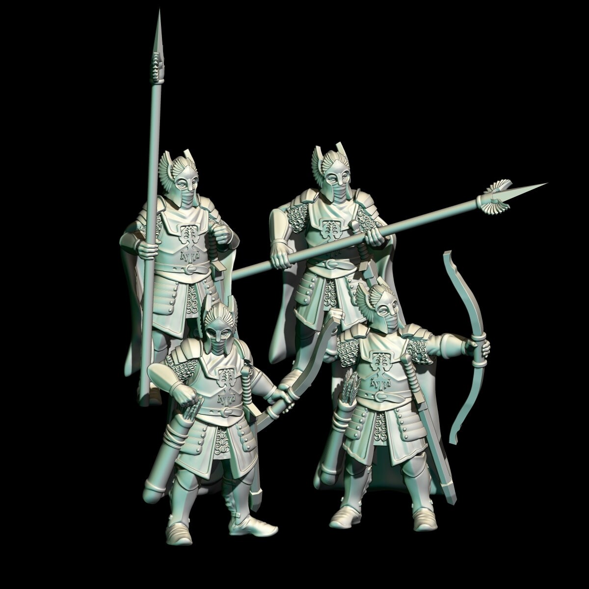 Digital render of 4 dark fantasy elite tower guard miniatures