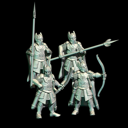 Digital render of 4 dark fantasy elite tower guard miniatures