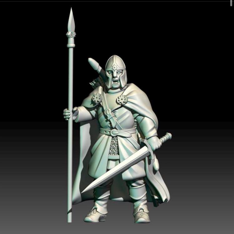 digital render of dark fantasy ranger miniature with spear