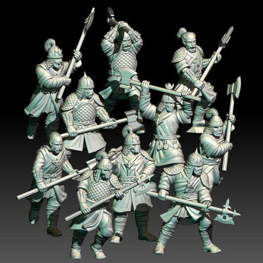 digital render of dark fantasy mongol miniatures armed with axes