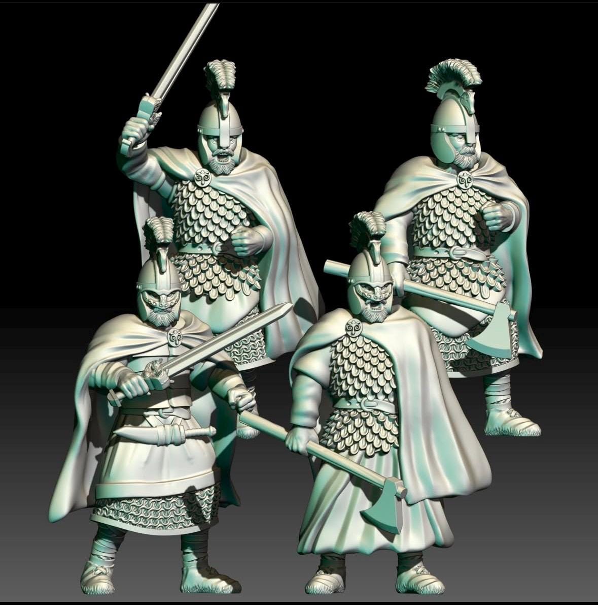 digital render of dark fantasy saxon miniatures armed with swords and axes