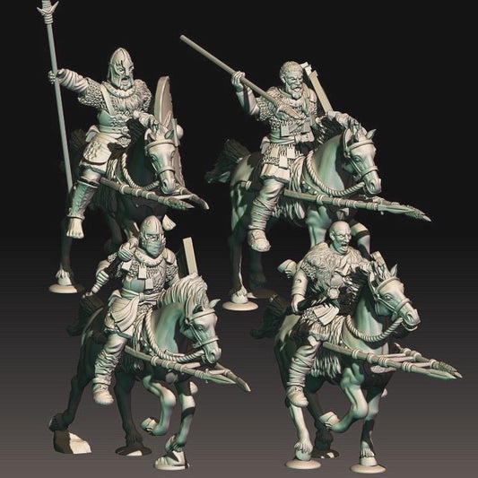 Digital render of mounted raider miniatures in armour with spears