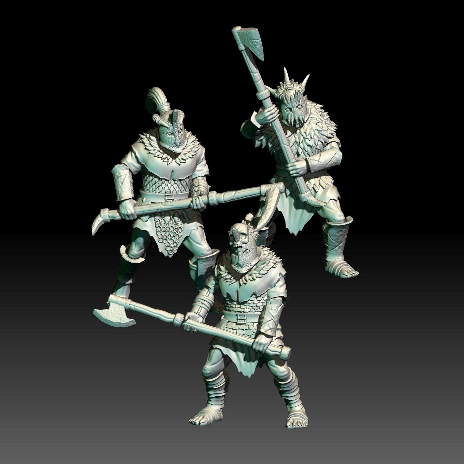 digital render of dark fantasy orc warrior miniatures with great axes