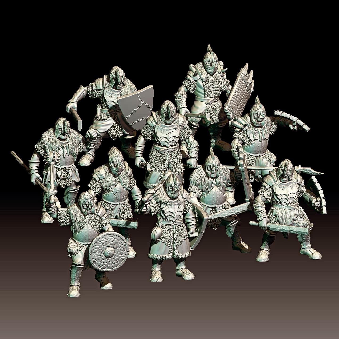 3d render of Dark Fantasy orc miniatures for tabletop gaming
