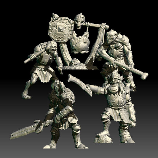 Digital render of dark fantasy goblin character miniatures, a goblin king, a goblin champion, and goblin drummers