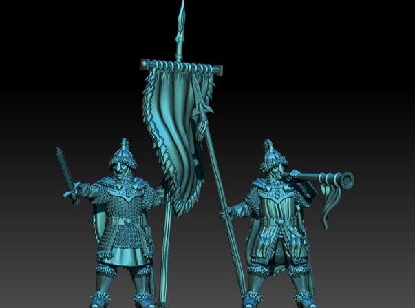 3D render of dark fantasy human character miniatures. Banner bearer and hornblower