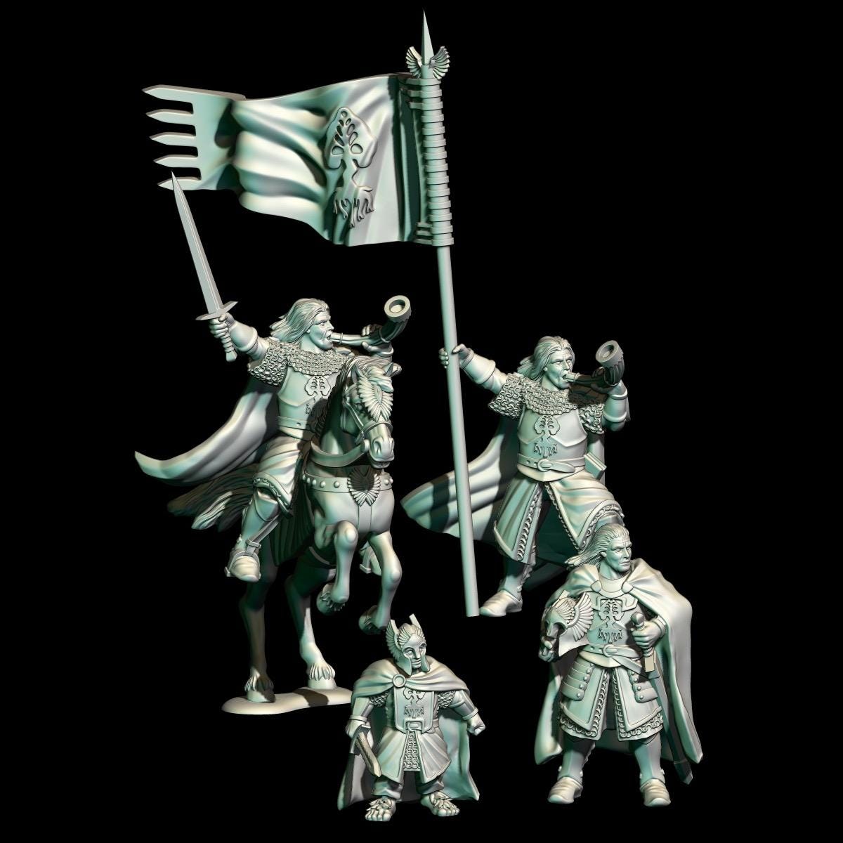 Digital render of dark fantasy human and halfling heroes in miniature