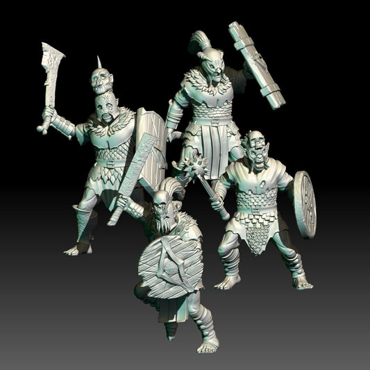 digital render of dark fantasy orc warrior miniatures with shields