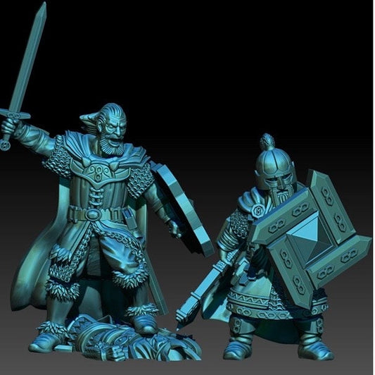 3D render of dark fantasy human commander and dwarf commander miniatures