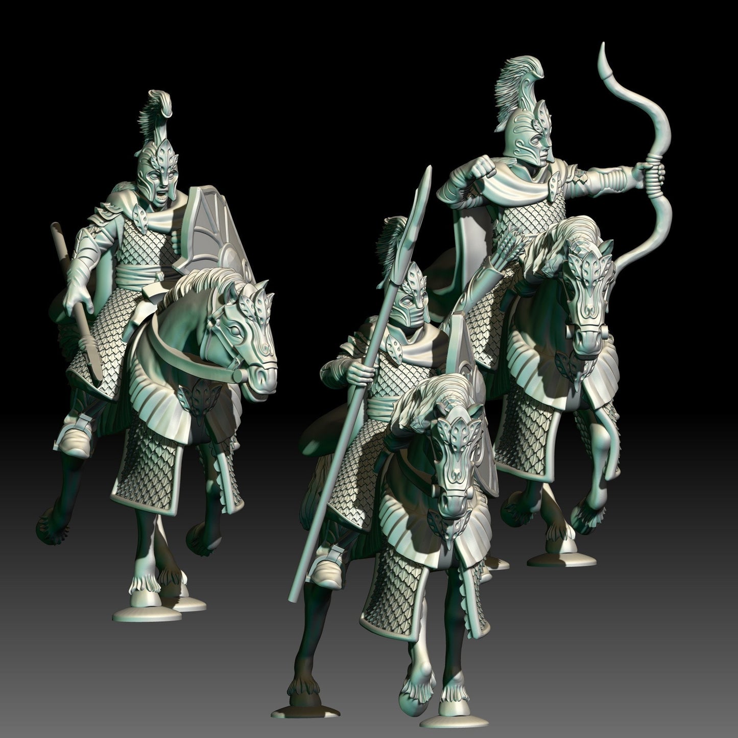 digital render of dark fantasy elf cavalry miniatures