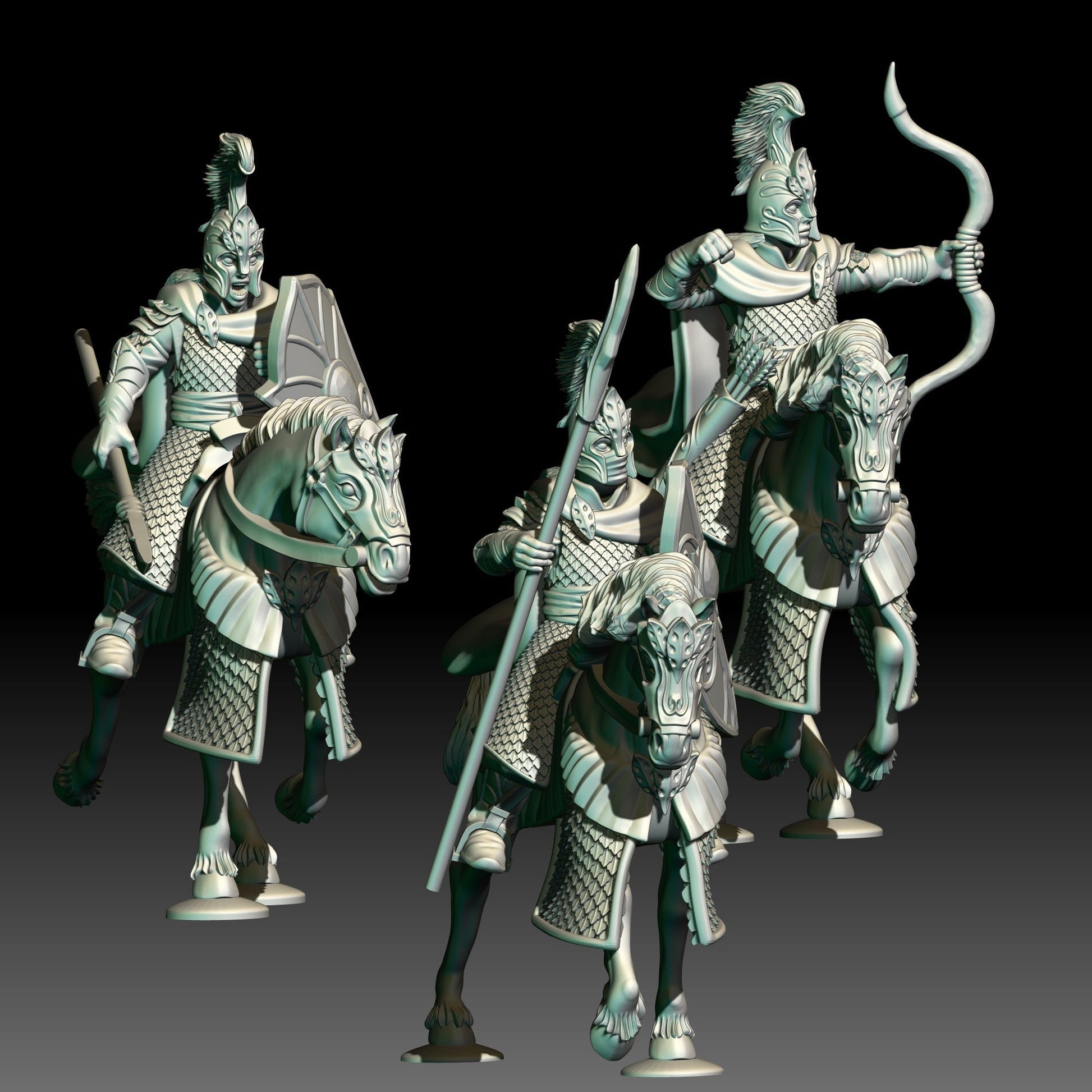 digital render of dark fantasy elf cavalry miniatures