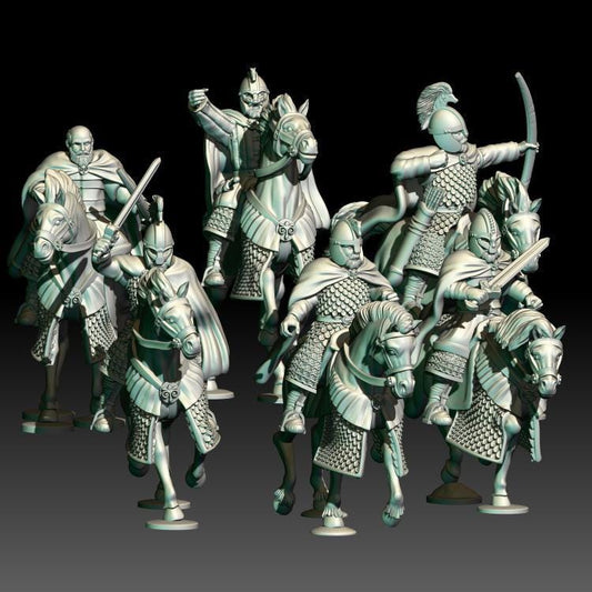 digital render of dark fantasy saxon horsemen miniatures with swords, bows and spears