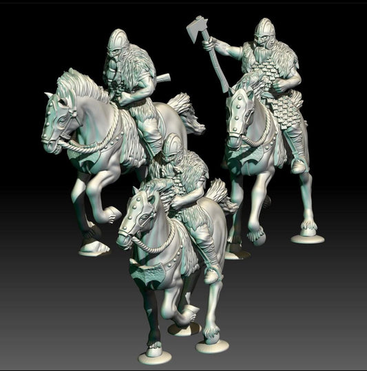 Digital render of 3D printed dark fantasy viking horsemen