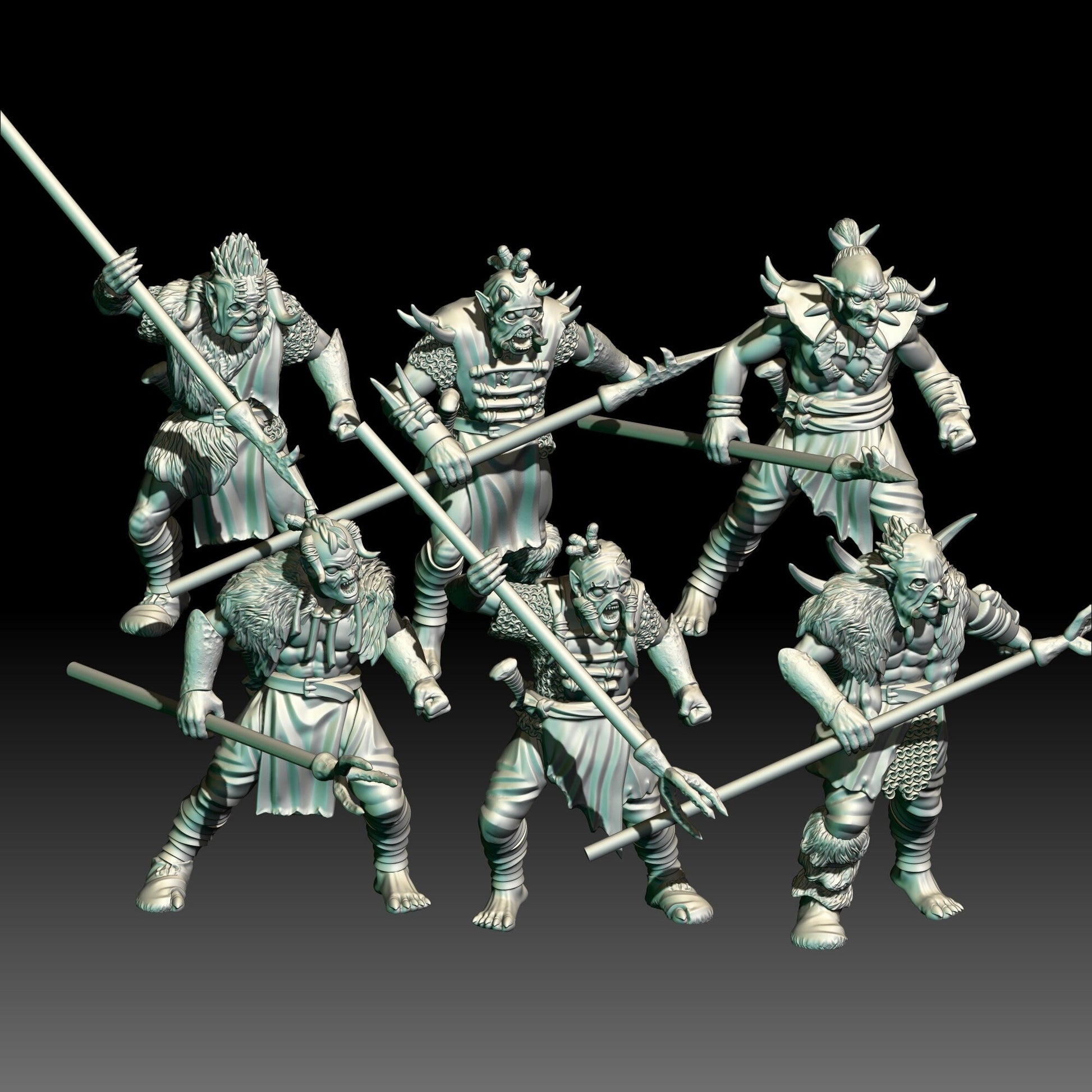 digital render of dark fantasy orc warrior miniatures armed with spears