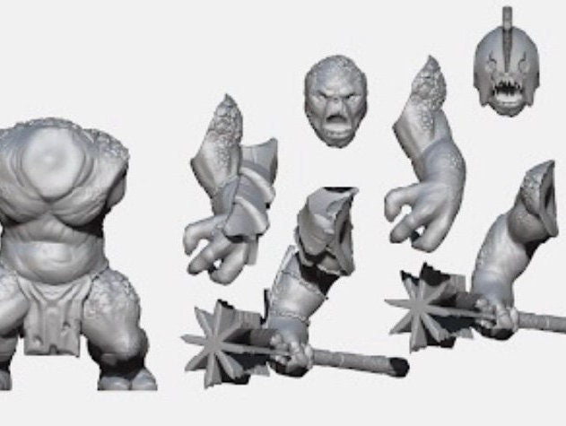 3d Render of multipart dark fantasy troll miniature kit, armoured and unarmoured