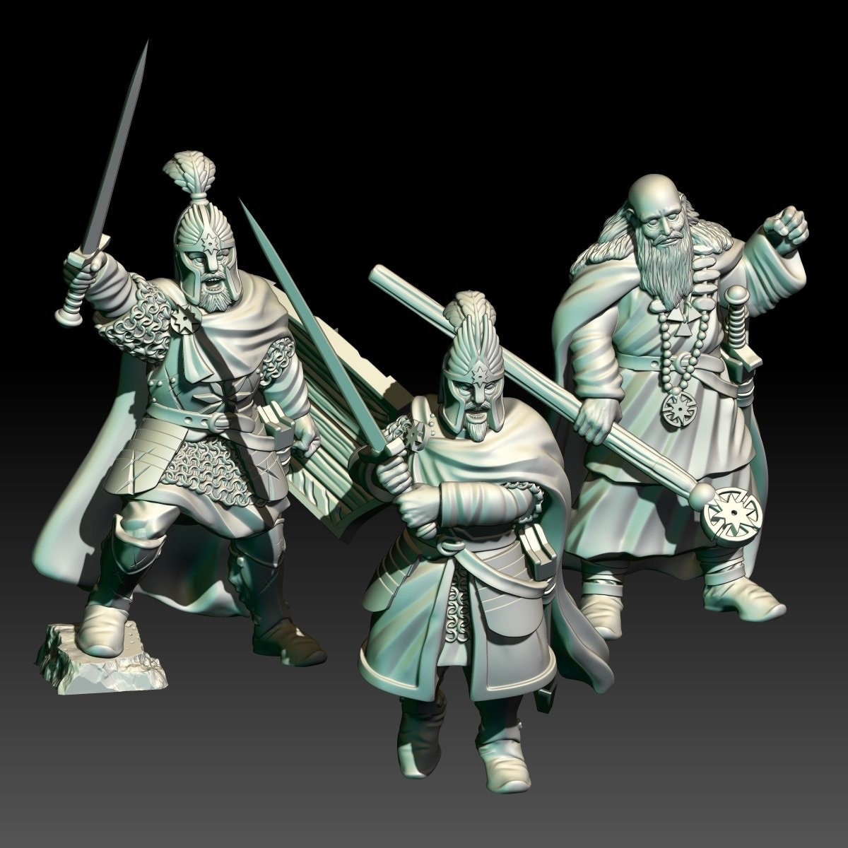 digital render of dark fantasy human hero miniatures, a wizard, a captain and a warrior