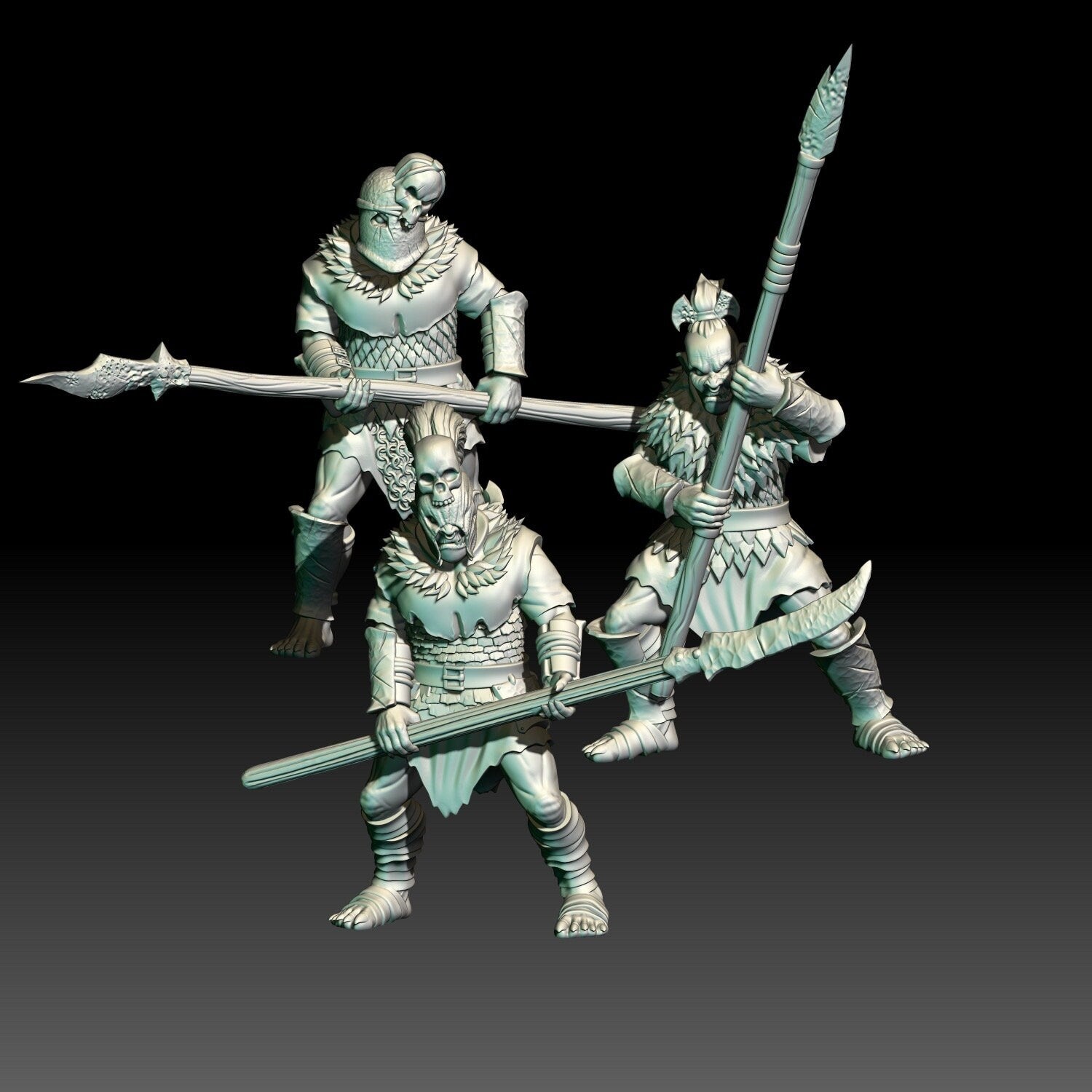 digital render of dark fantasy orc warrior miniatures with spears