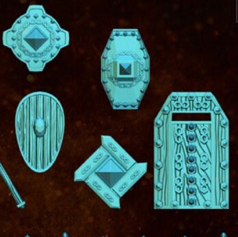 3d render of a collection of shields designed for tabletop miniatures