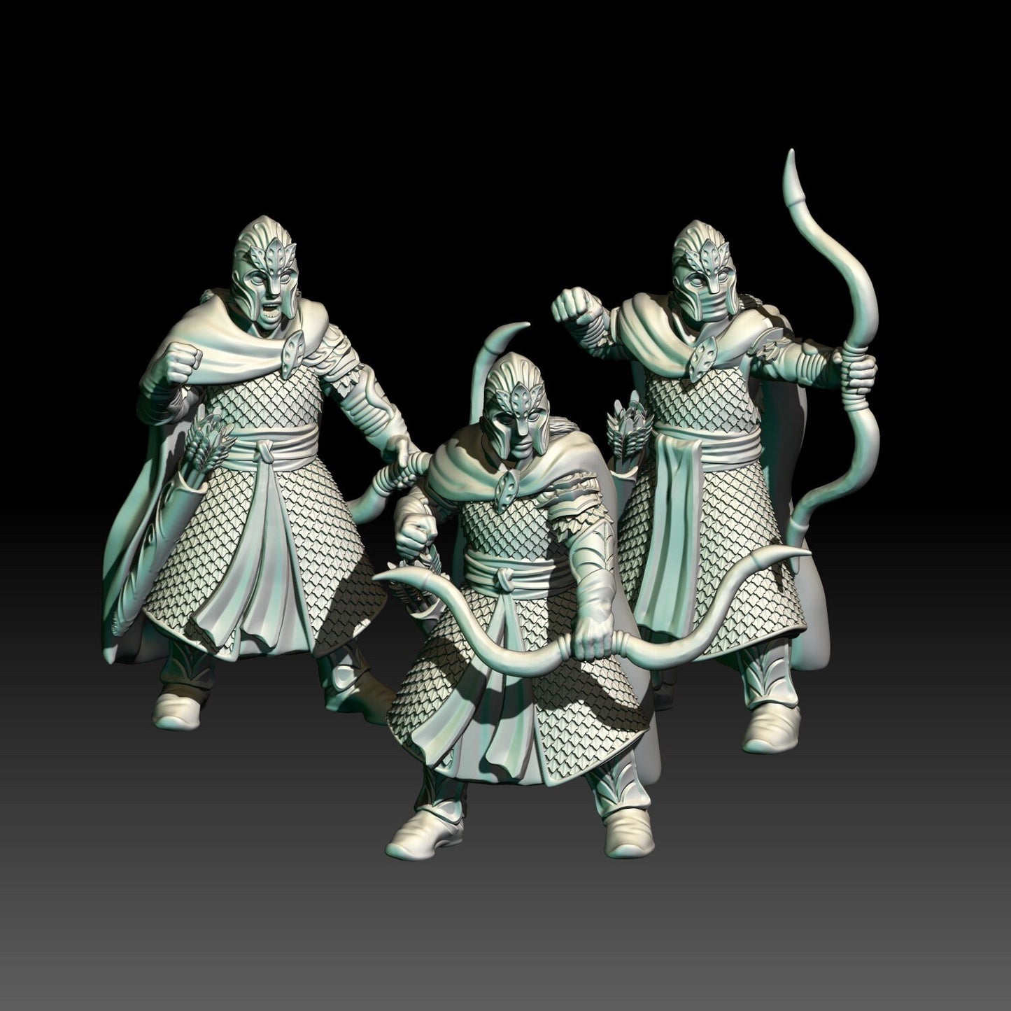 digital render of dark fantasy elf bowmen minatures