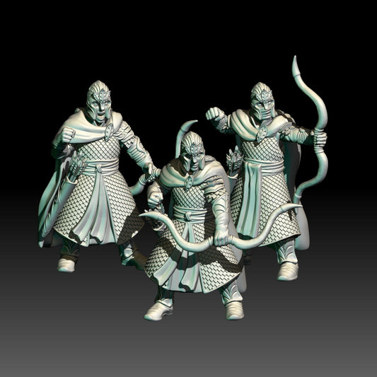 digital render of dark fantasy elf bowmen minatures