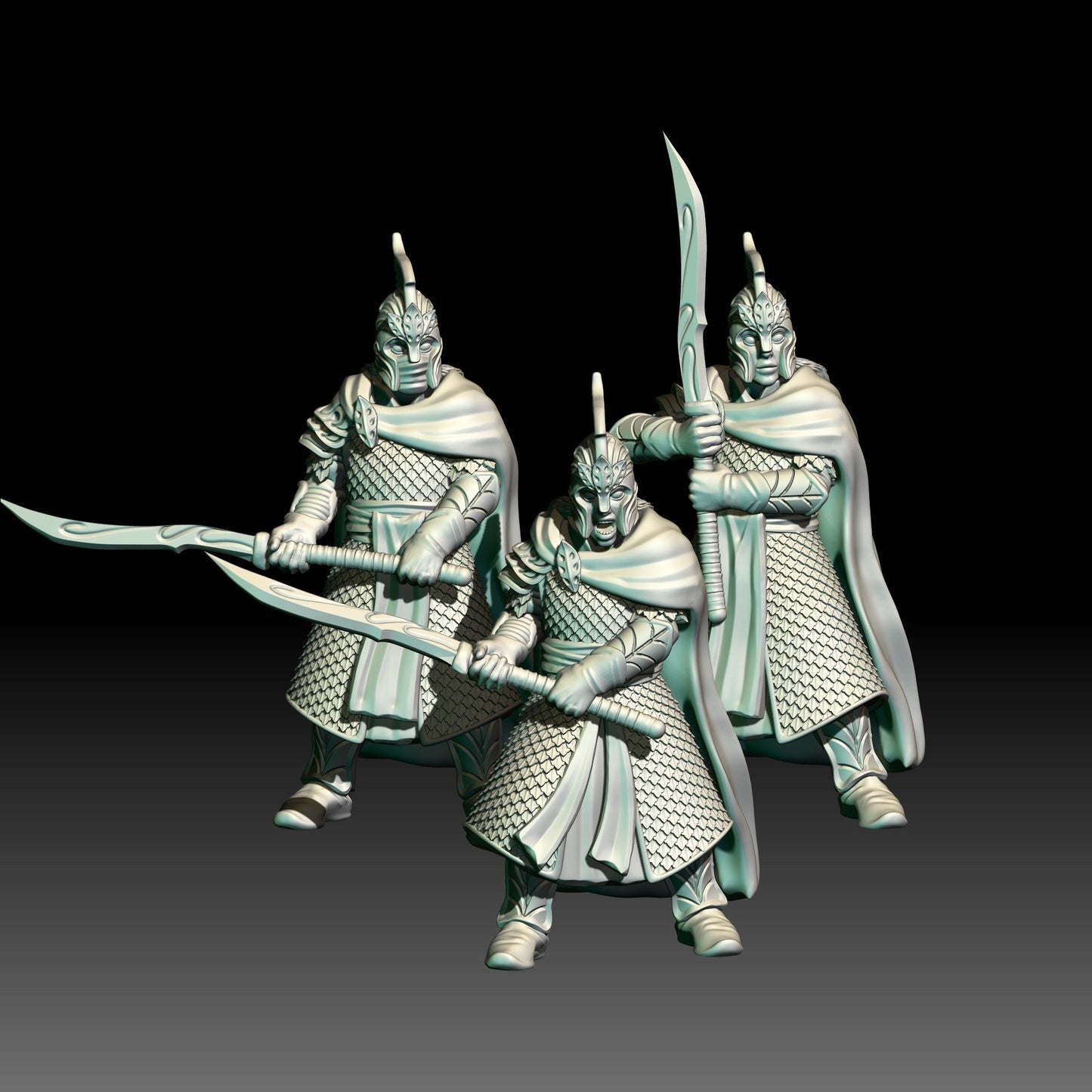 digital render of dark fantasy elf warriors armed with elf swords