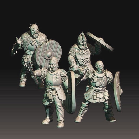 3D digital render of dark fantasy human raider miniatures with clubs and shields
