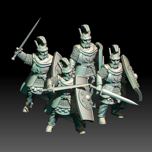 3d Digital render of dark fantasy knight miniatures on foot.
